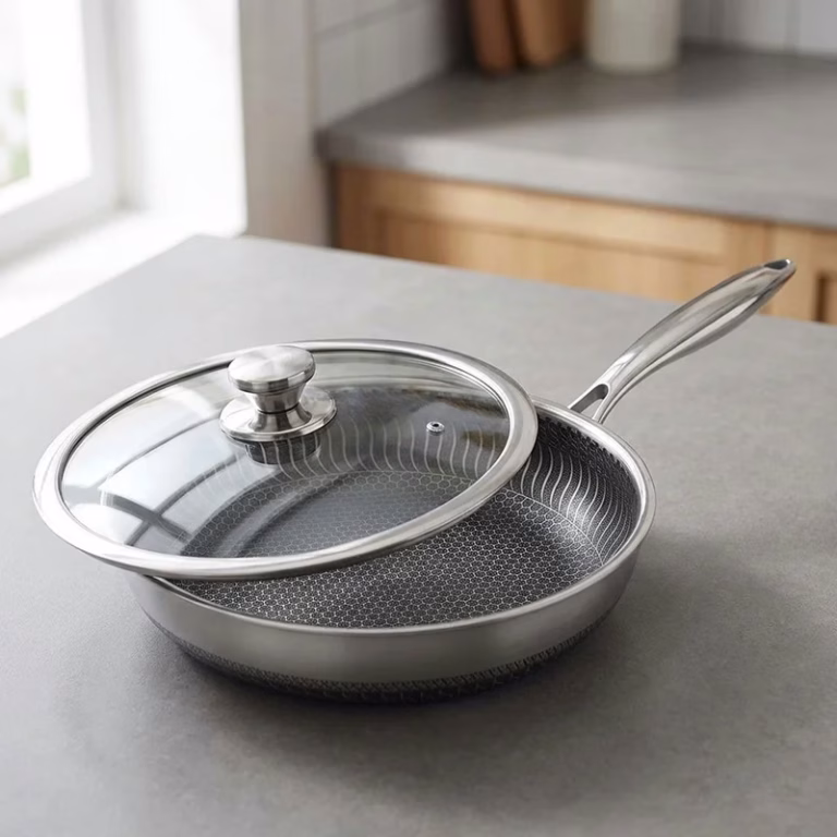 stainless steel frying pan with lid, honeycomb frying pan, honeycomb non stick pan